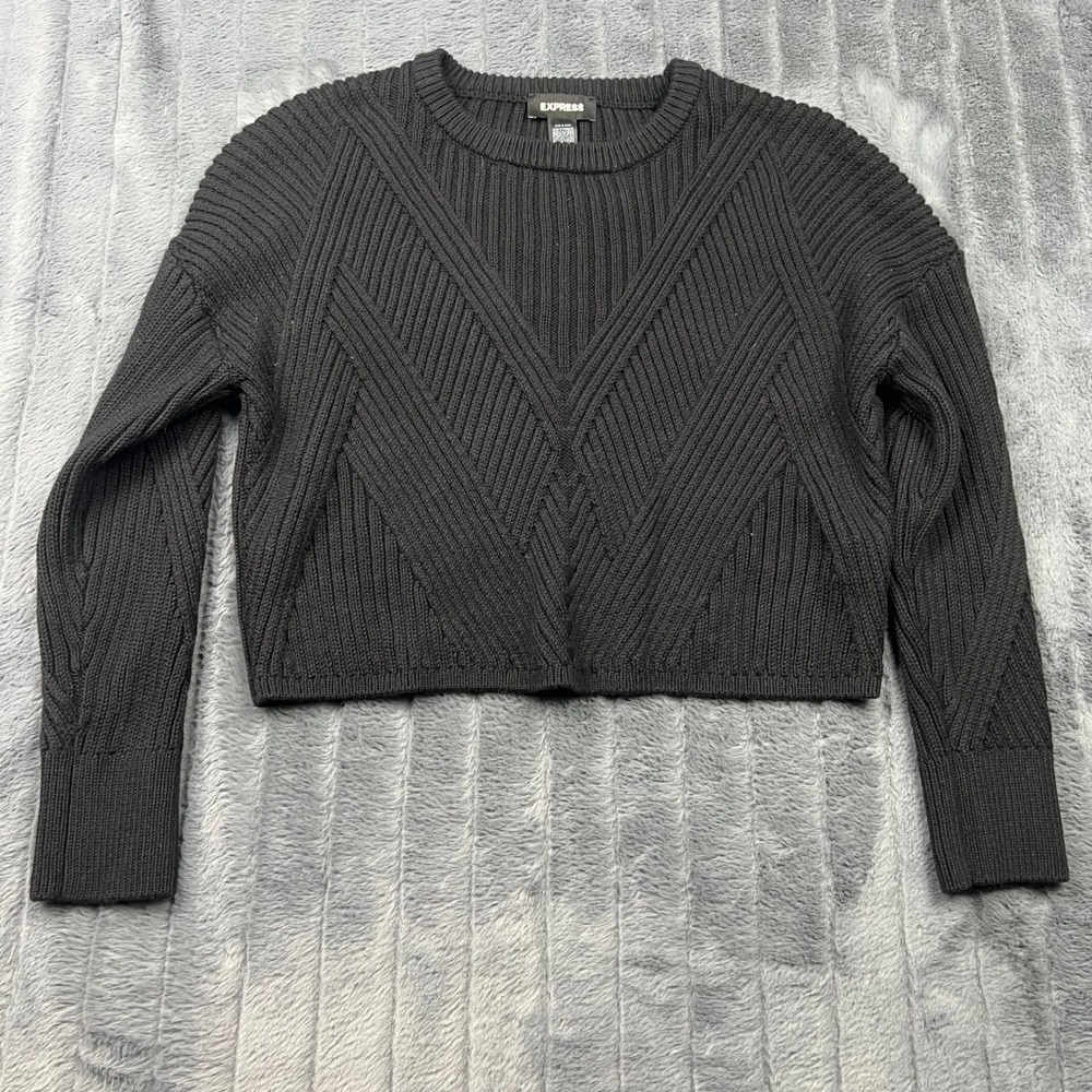 Express Conscious Edit Black Ribbed Cropped Sweater Wool Blend Small 12048